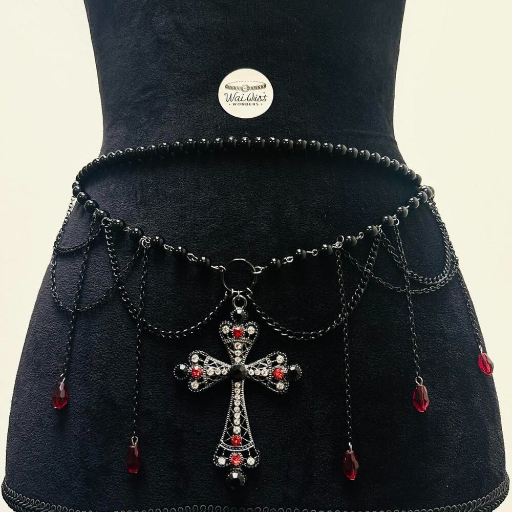 Goth Gothic Cross Crystal Tassel Waist Chain belt